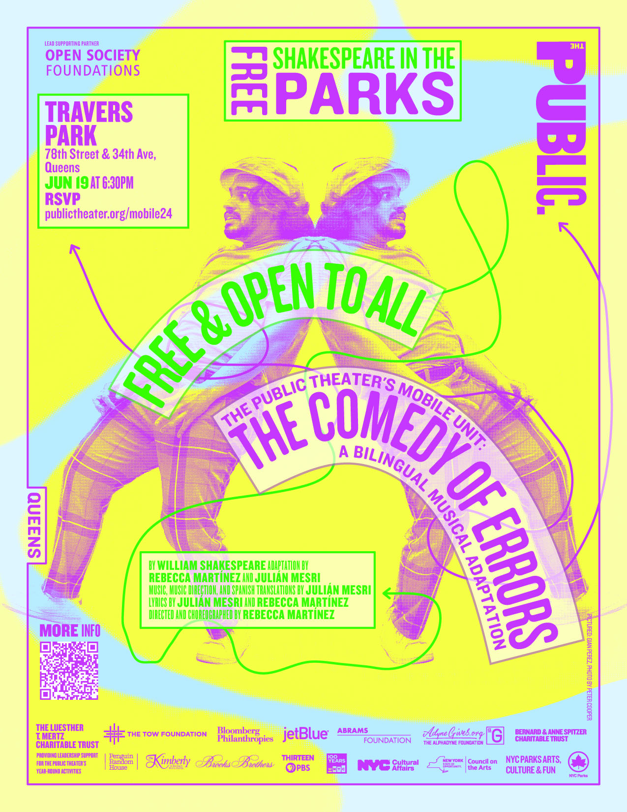 Maximalism Poster for The Comedy of Errors by Shakespeare in the Parks, June 19, 6:30 PM at Travers Park, Queens. The event is free, open to all, and includes bilingual musical adaptations.