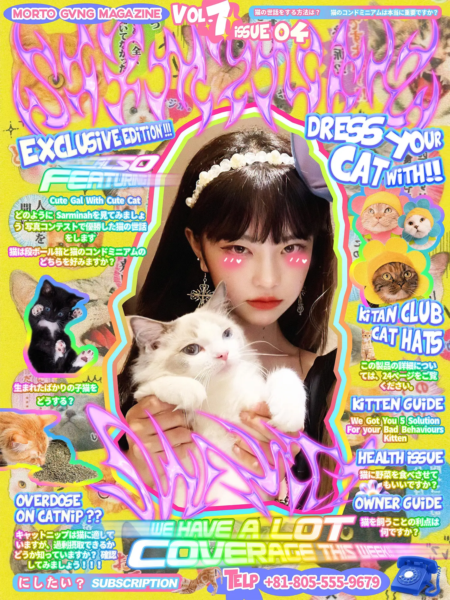 Colorful maximalist magazine cover featuring a person holding a white cat. Various cat-related images, headlines, and text about cat fashion, behavior tips, and products are displayed around.