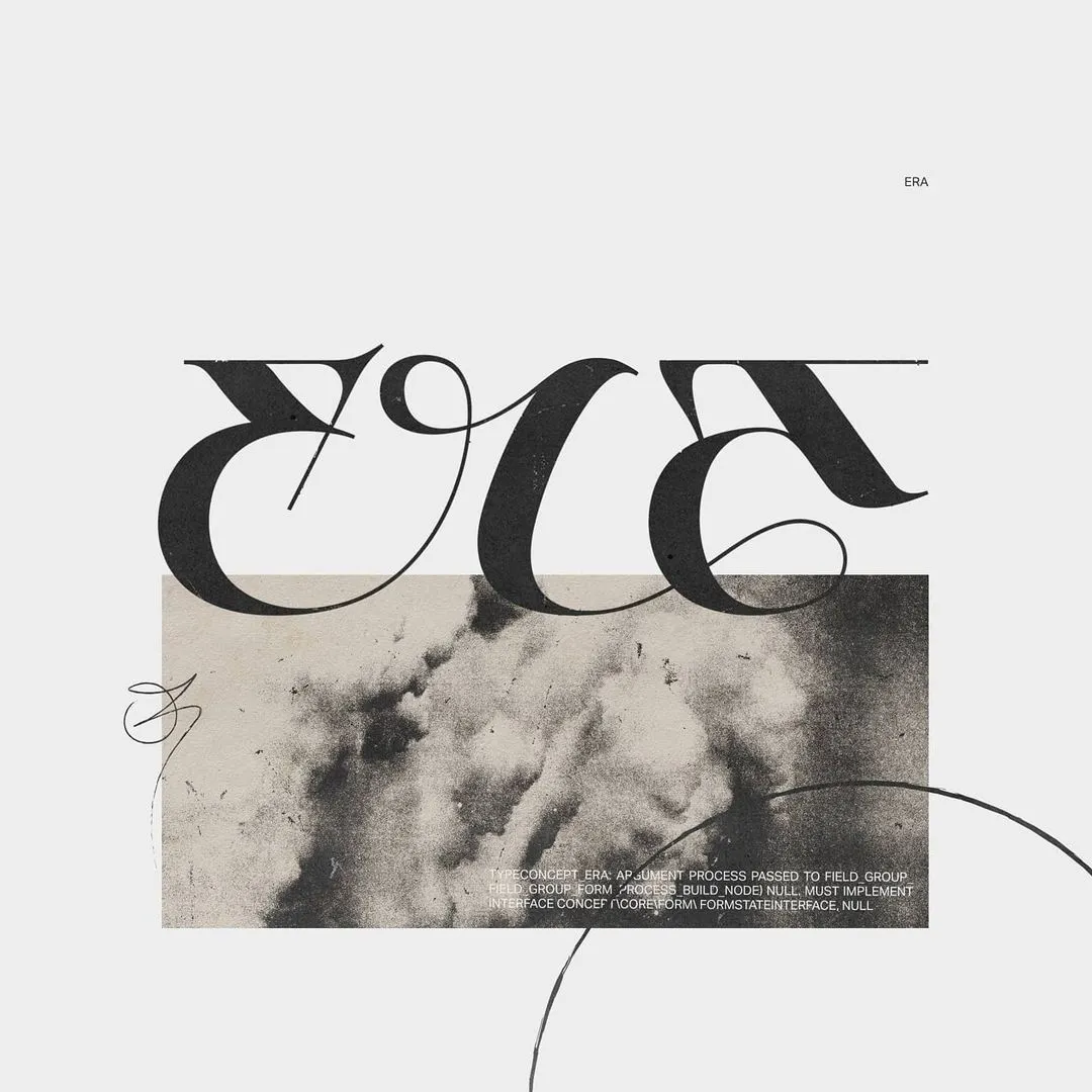 Artistic image featuring the word ERA in large, stylized font over a black and white cloud-like texture, with small text fragments scattered across the design. The piece showcases experimental digital lettering to enhance its modern aesthetic.