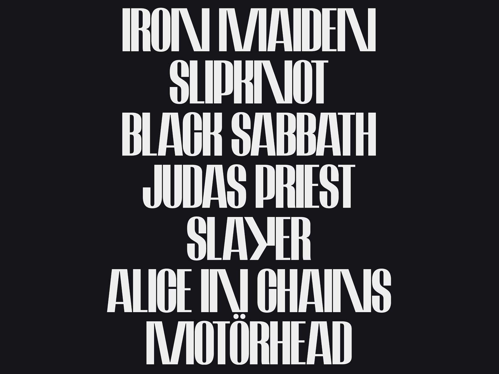 Defiant Font Example with Famous Metal Band Names - Bold Display Font in Use