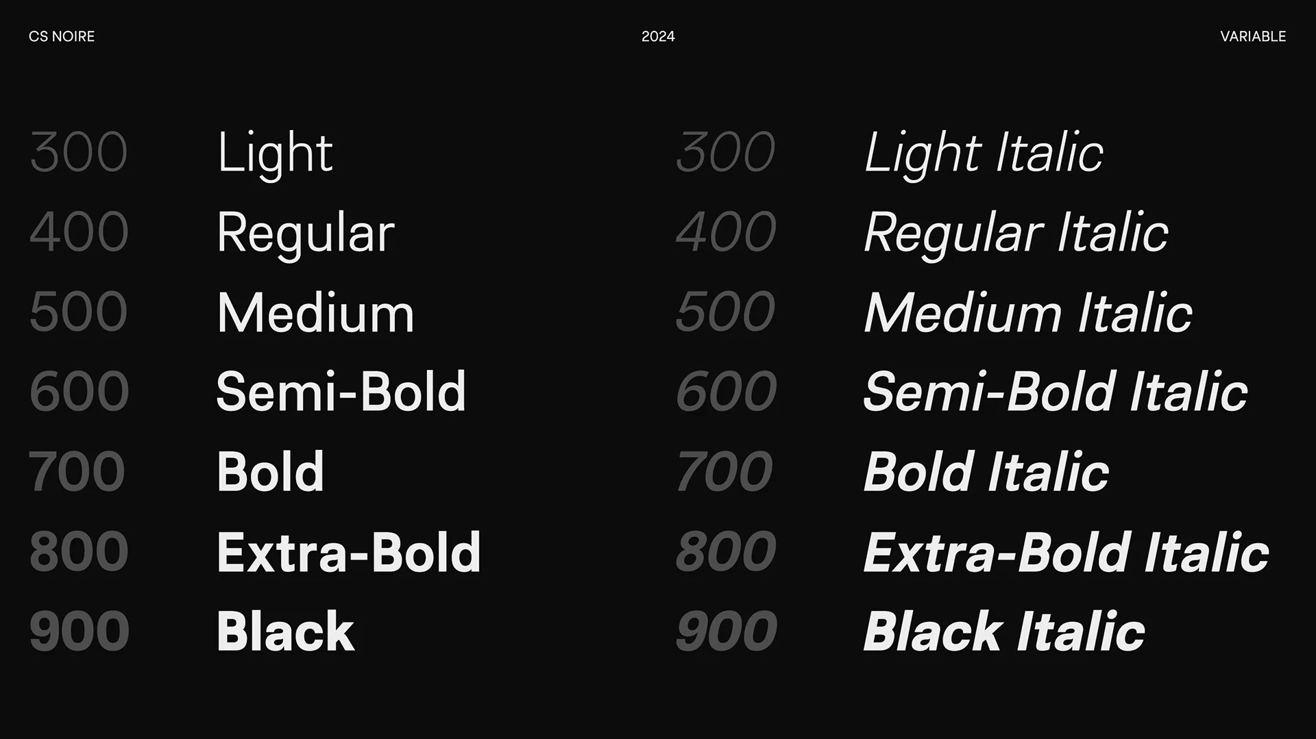 Images shows all the weight variations of Noire font.