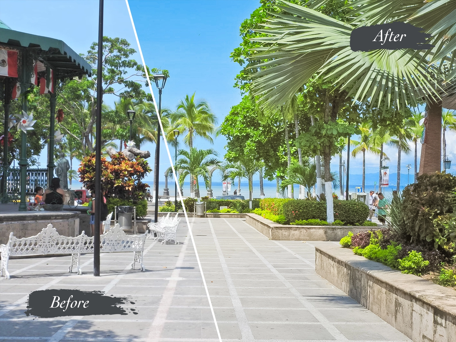 Image shows a before and after image enhancement of a beach town