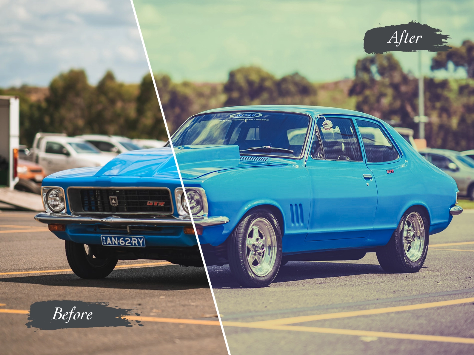 Image shows a before and after image enhancement of a retro blue car