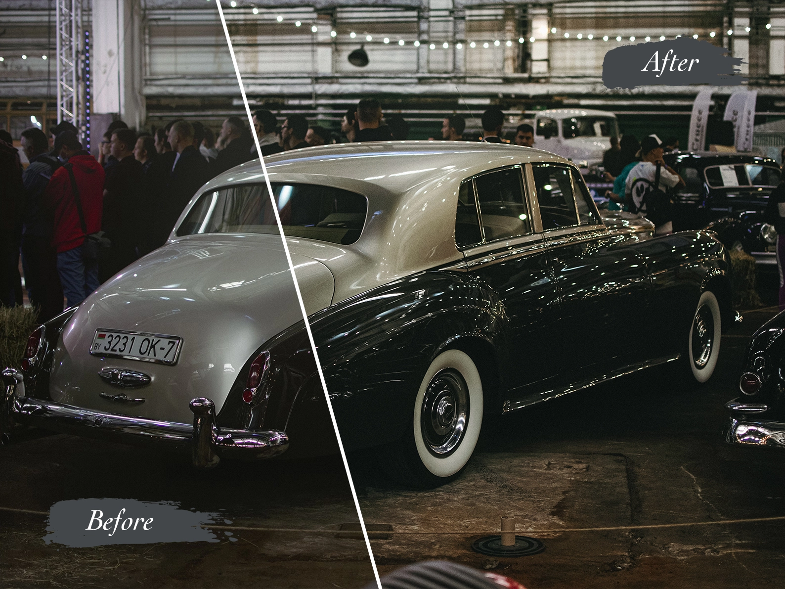 Image shows a before and after image enhancement of a retro dark car