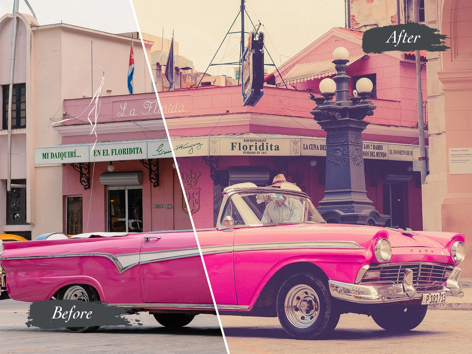 Split image shows a pink vintage car and a background before and after color enhancement, depicting a vibrant and nostalgic scene with the car parked near a historical building.