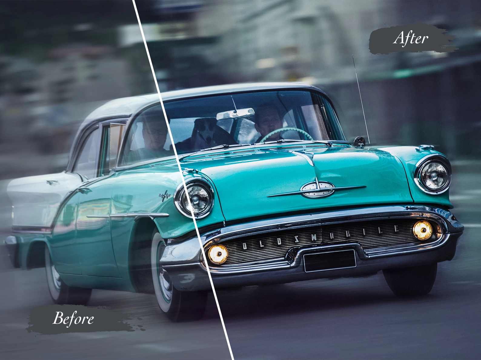 Image shows a before and after image enhancement of a retro automobile