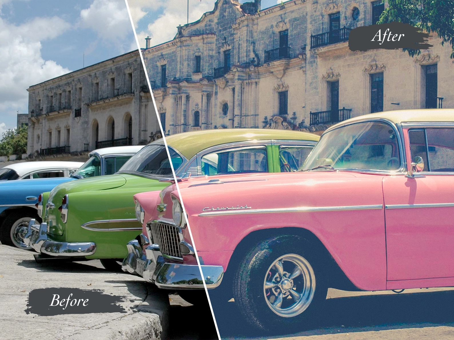 Image shows a before and after image enhancement of a vintage car collection