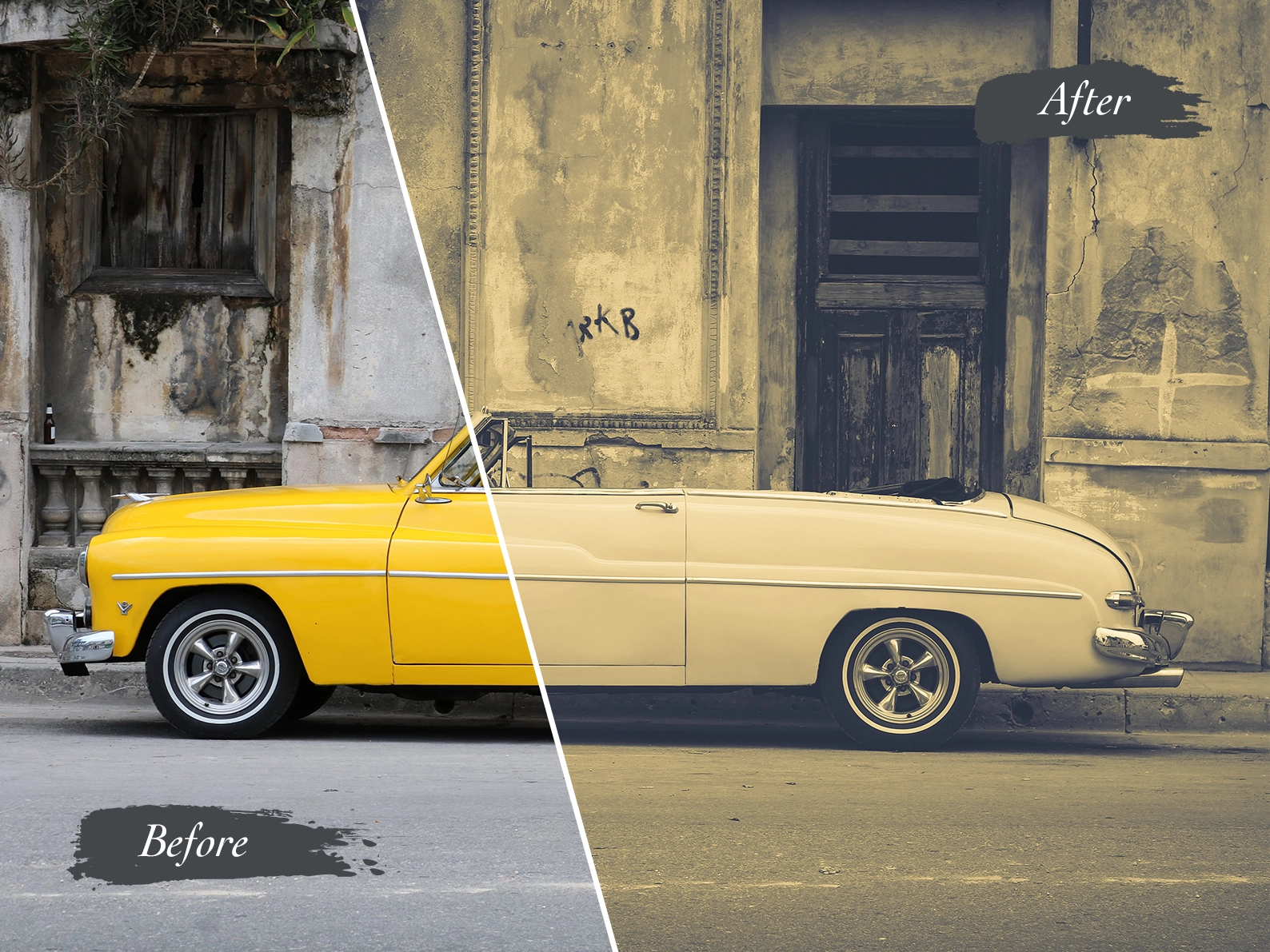 Split image showing a vintage yellow car labeled Before on the left and the same car restored to a classic white color labeled After on the right. The background displays an old building facade.