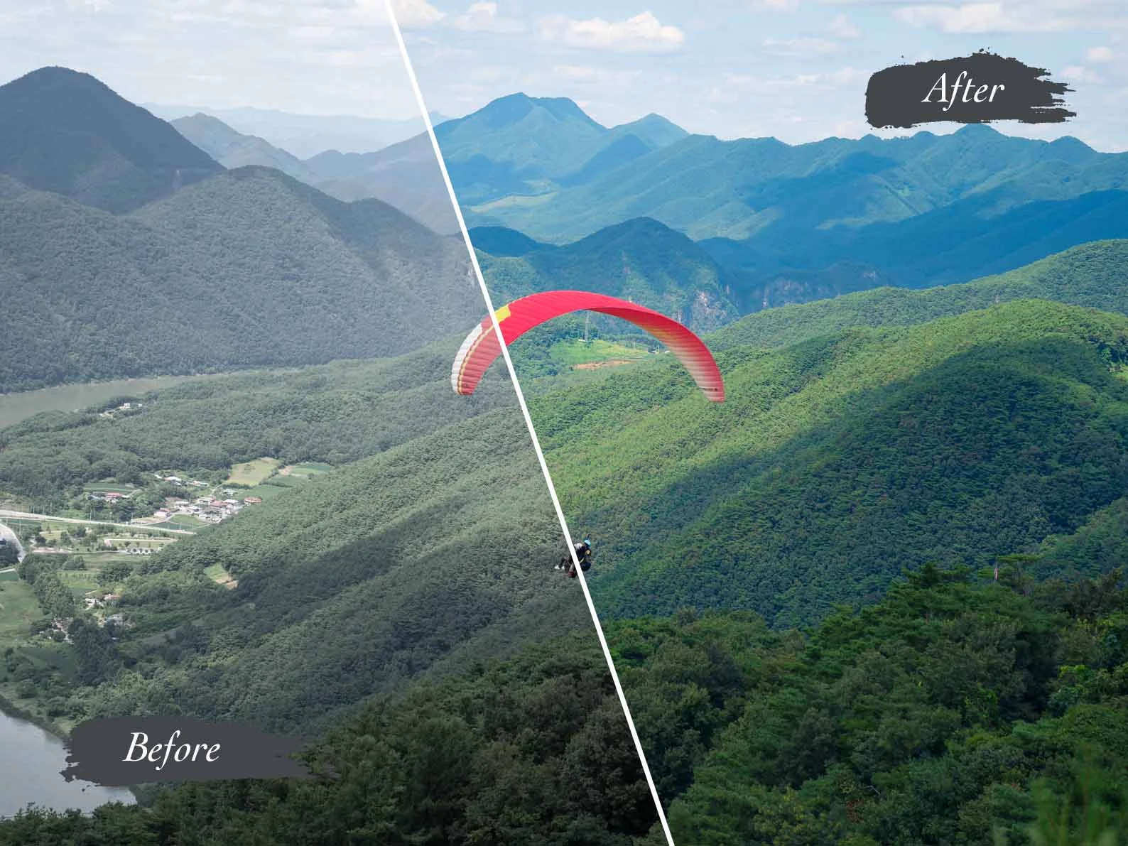 Image shows a paraglider mid air with dull colors on the left and the free lightroom preset on the right.