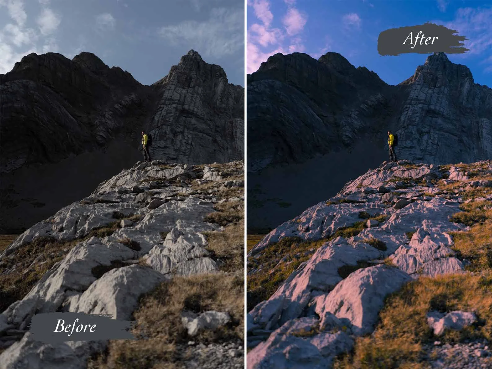 Image shows a transition between a free lightroom preset and without.