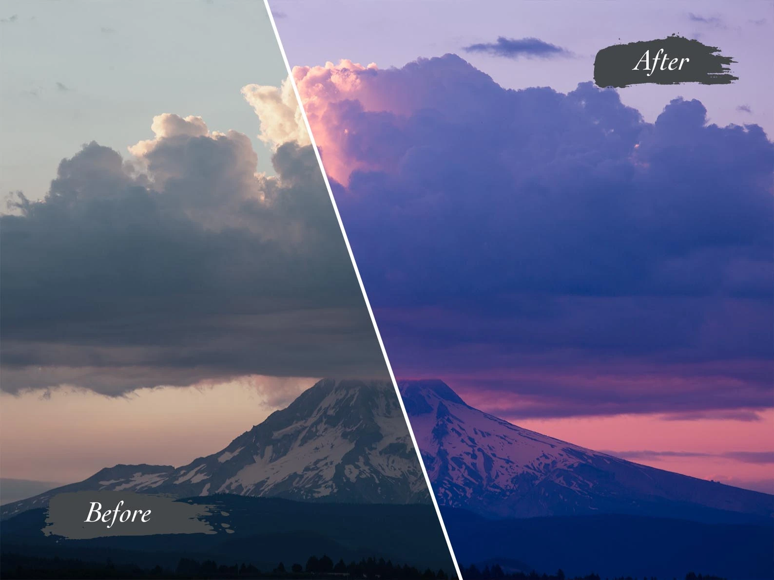 Dramatic purple mountain shown with elegant lightroom preset download.