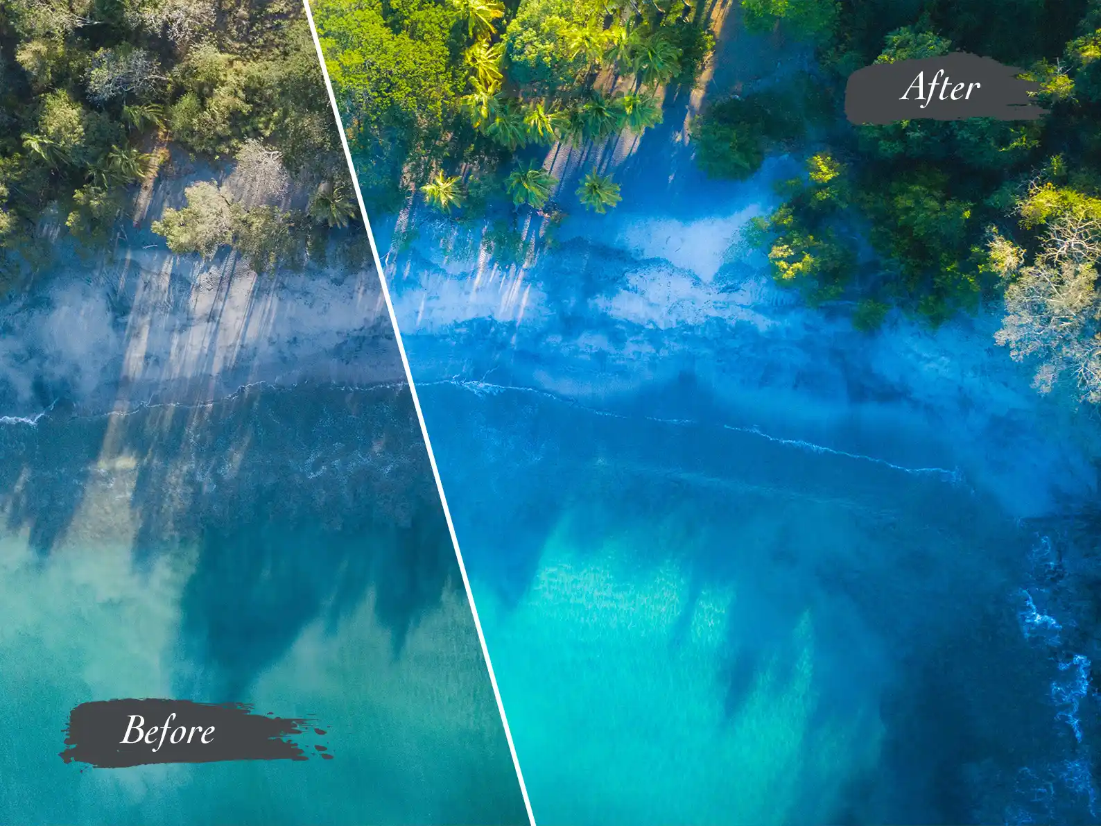 Image shows a before and after image enhancement of a gorgeous blue water beach