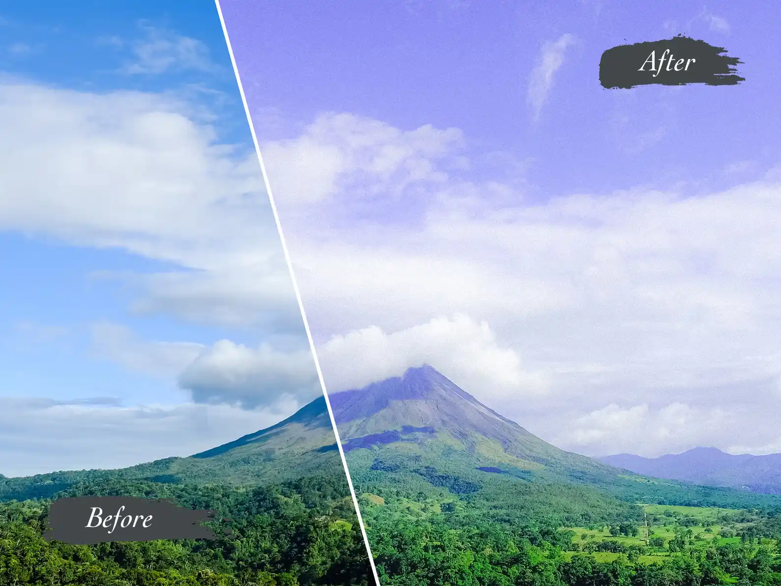 Image shows a before and after image enhancement of a mountain range in a pink filter