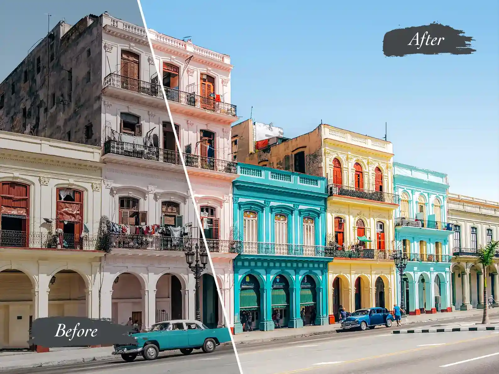 Image shows a before and after image enhancement of a street shot of Cuba