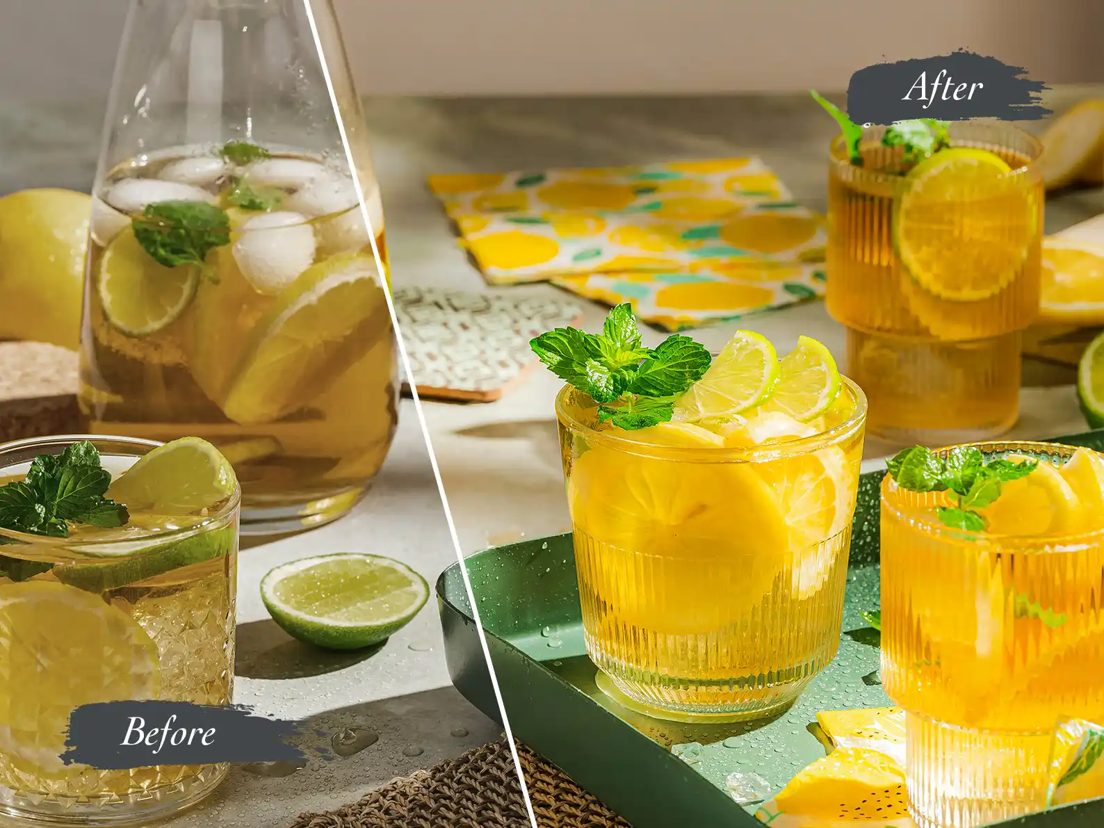 Image shows a before and after image enhancement of lemons and glasses of water