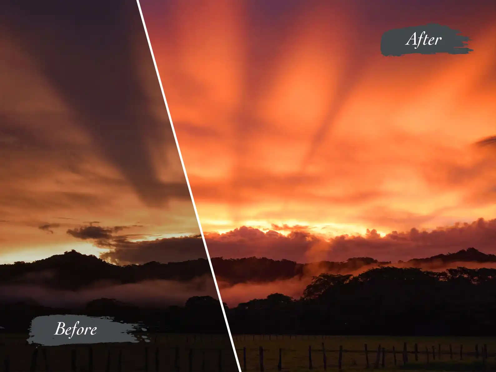 Image shows a before and after image enhancement of a beautiful red sunset