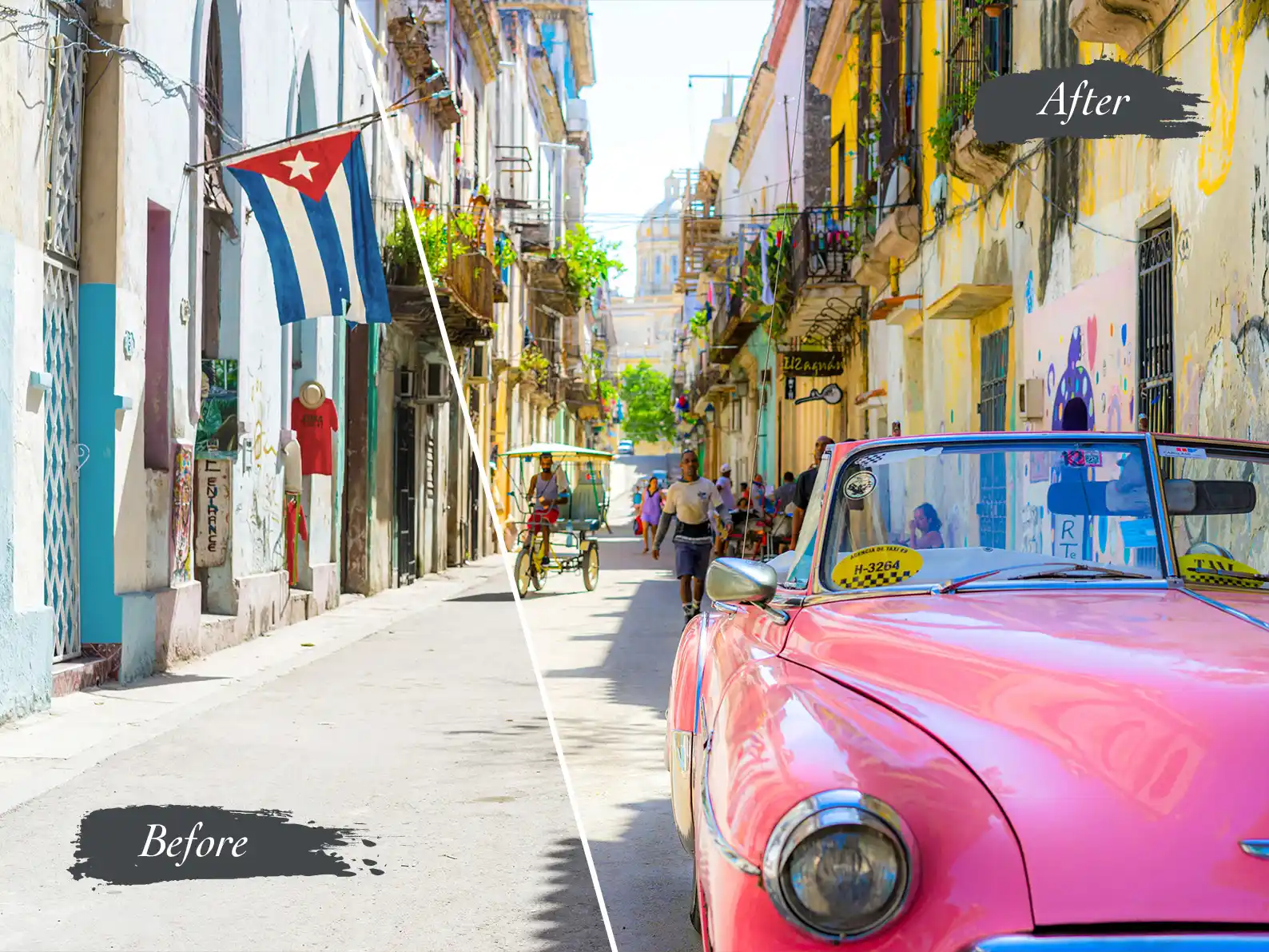 Image shows a before and after image enhancement of a street in Cuba